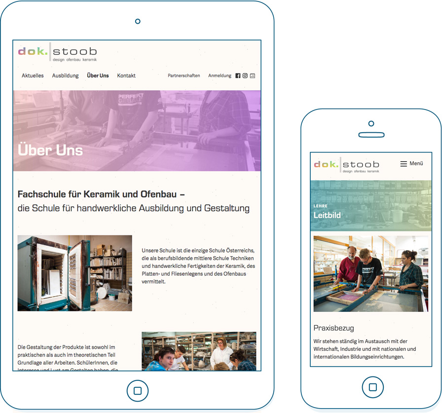 Keramikschule Stoob Webseite auf einem Tablet und Smartphone