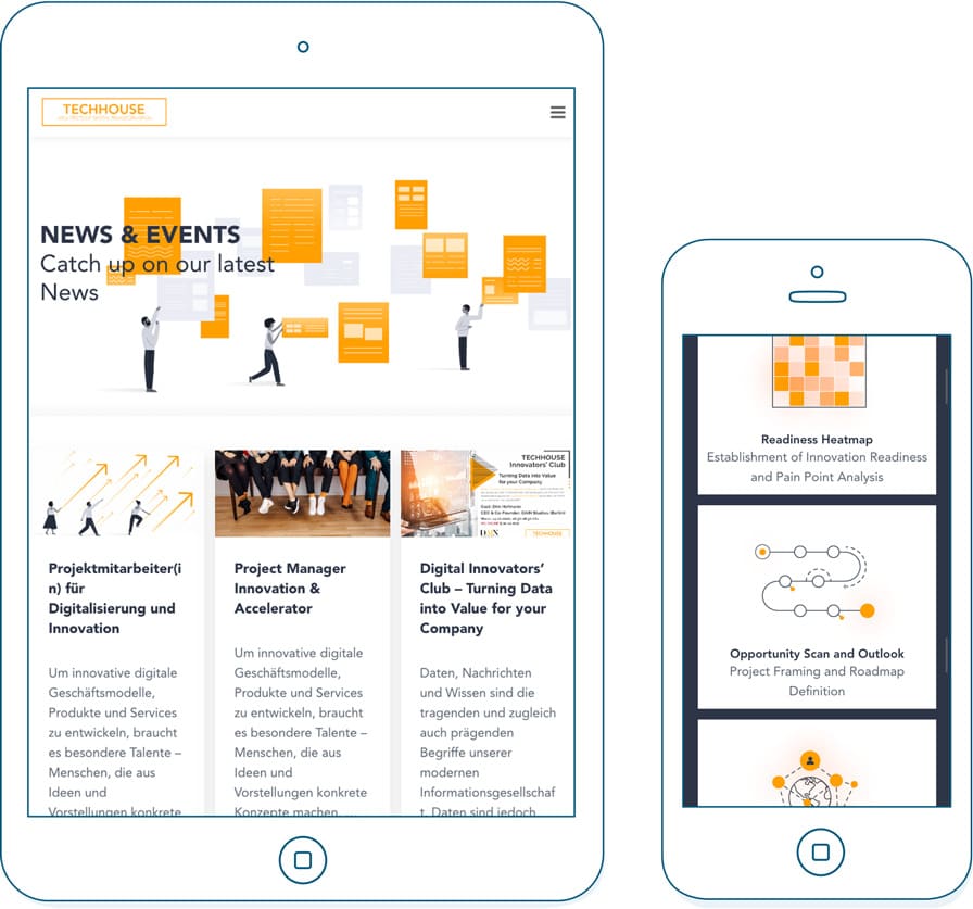 Techhouse Webseite auf einem Tablet und Smartphone